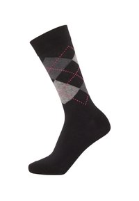 Black socks with an argyle pattern in gray and light gray. Features pink dotted accents. Made from a smooth, stretchy material.