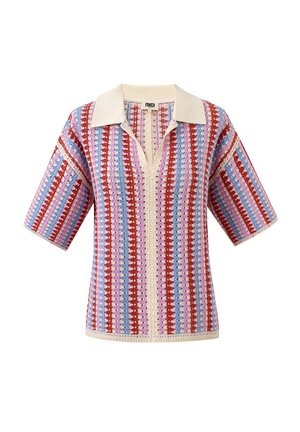 Short-sleeve knitted polo shirt with vertical stripes in red, purple, blue, and cream, featuring a cream collar and V-neck opening.