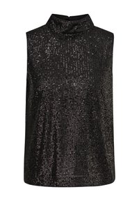 Haut noir sans manches à col montant, recouvert de petits sequins brillants, photographié sur fond blanc.