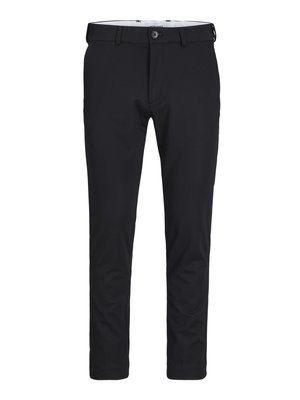 Pantalones elásticos negros con un frente plano, trabillas para cinturón y un cierre de botón único. El material es suave, con un corte ajustado y piernas ajustadas.