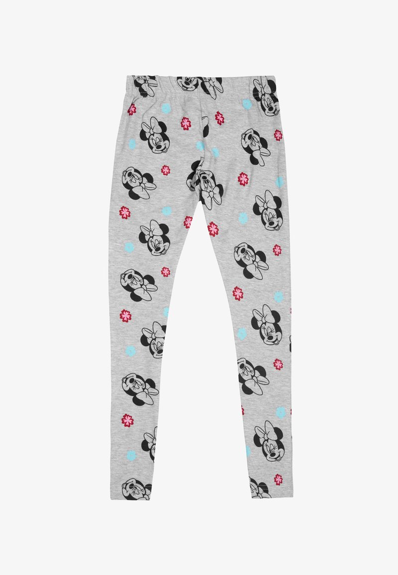 Leggings grigi con una cintura elasticizzata, caratterizzati da teste di personaggi dei cartoni animati ripetuti in bianco e nero, fiori rossi e accenti blu.