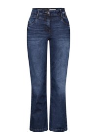 Donkerblauwe denim jeans met een flared pasvorm, voorzien van vijf zakken, riemlussen en een sluiting met een voorknop. Gladde textuur met subtiele vervaging.