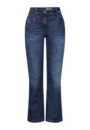 Mörkblå denimjeans med utsvängd nederdel, med fem fickor, bälteshällor och knäppning framtill. Slät textur med subtila blekningar.