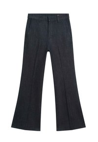 Dark denim flared trousers with a high waist, featuring front pockets and a zipper fly, smooth texture, and defined creases down the legs.