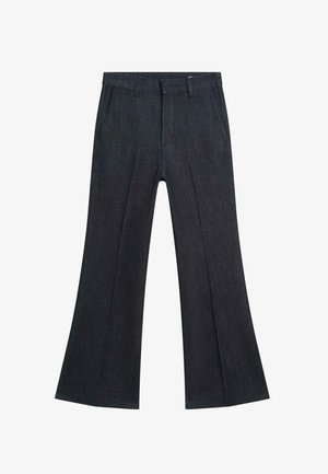 Mørke denim flared bukser med høj talje, der har frontlommer og lynlås, glat tekstur og definerede folder ned ad benene.