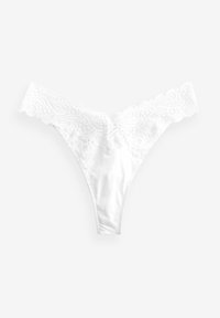 Vit tanga underkläder med en spetsmidja med blommönster, slät satin kropp och en tunn design för minimal täckning.