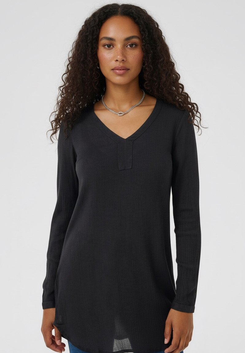 Black long-sleeve V-neck tunic with ribbed texture, featuring a three-button placket detail at the neckline and a curved hemline.