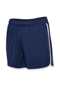 Granatowe sportowe szorty z elastycznym pasem i białym obszyciem po bokach i na dole, zaprojektowane z myślą o komforcie i aktywnym użytkowaniu.