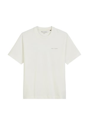 White cotton T-shirt with a round neckline, short sleeves, and a small logo in light brown on the left chest. Simple, classic design.