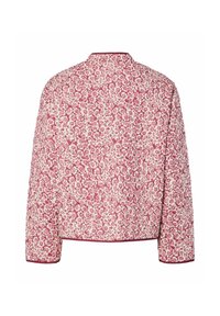 Giacca trapuntata con maniche lunghe, caratterizzata da un fitto motivo floreale rosa e bianco e bordature rosa scuro su colletto, polsini e orlo.
