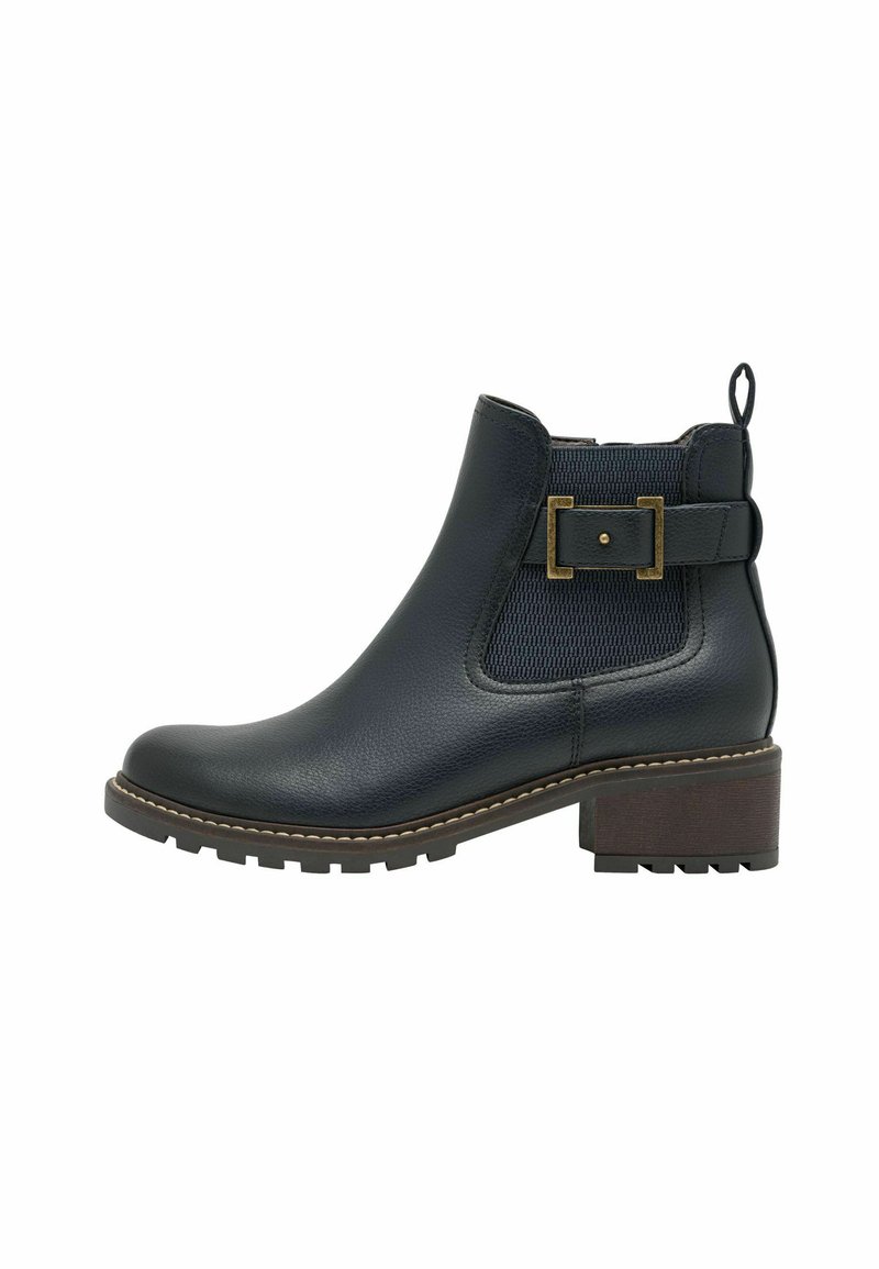 Black leather ankle boot with smooth texture, elastic side panels, decorative buckle detail, and a chunky wooden heel.