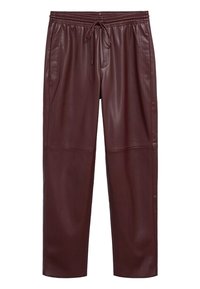 Pantalon en similicuir marron avec taille élastique et cordon de serrage, jambes droites et poches latérales, présenté à plat sur fond blanc.