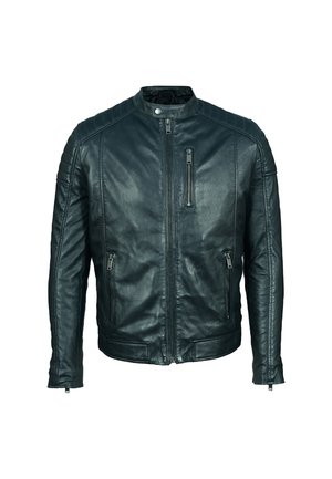 Czarna skórzana kurtka z wysokim kołnierzem, pikowanymi akcentami na ramionach, kieszeniami zapinanymi na zamek z przodu oraz zapięciem na zamek. Gładka faktura i dopasowany krój.