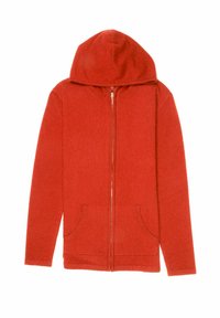Sweat à capuche rouge avec fermeture éclair, fabriqué en tissu doux, doté d'une capuche, de poches avant et d'une fermeture éclair lisse. Design classique avec une couleur unie.