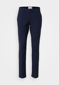Navy blue chinos made of cotton with a straight leg design, featuring a button closure, belt loops, and side pockets.