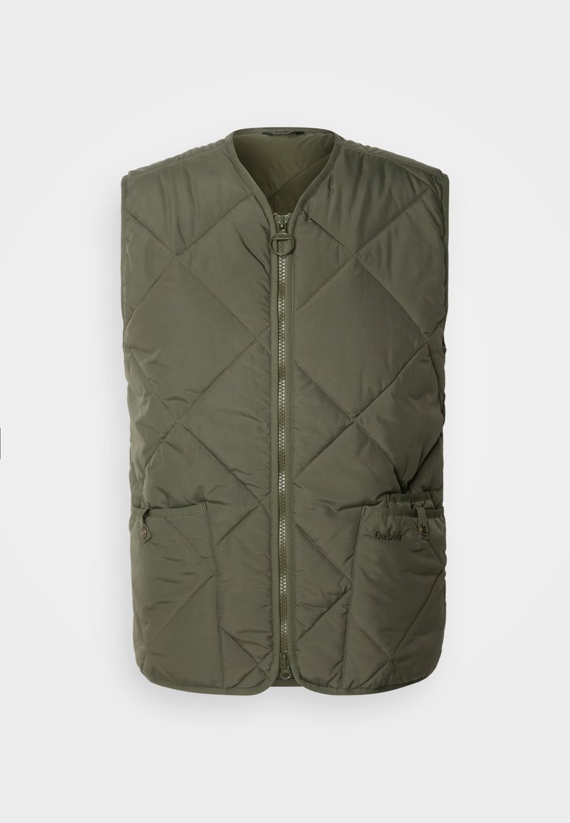 Olivgrünes, gestepptes ärmelloses Weste mit durchgehendem Reißverschluss und zwei geknöpften Taschen, entworfen für Outdoor- oder Freizeitkleidung.