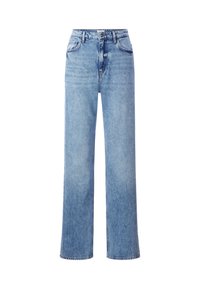 Jeans a vita alta blu chiaro in tessuto denim con una superficie testurizzata, tasche laterali e chiusura a bottone in vita.