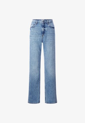 Jeans a vita alta blu chiaro in tessuto denim con una superficie testurizzata, tasche laterali e chiusura a bottone in vita.