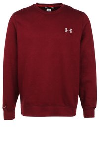 Sweat-shirt bordeaux en tissu doux, avec un col rond, des poignets et un ourlet côtelés, et un petit logo argenté sur le côté gauche de la poitrine.