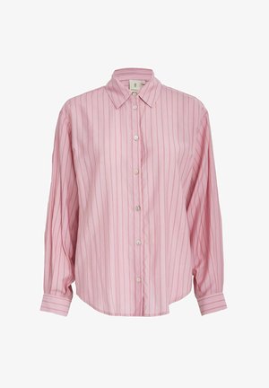 Heledad roosa särgiga, vertikaalsete valgete triipudega, pikad varrukad ja klassikaline krae. Valmistatud siledast kangast, millel on lõdvestunud istuvus.