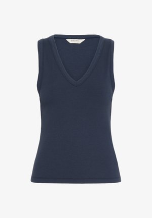 Top bleumarin fără mâneci, tricotat, cu decolteu în V și textură ribbed, croială ajustată și o etichetă mică la spatele gâtului.