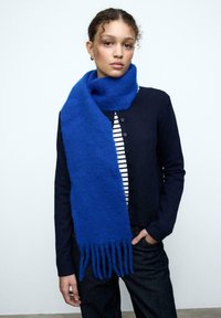 Sciarpa di lana blu con estremità sfrangiate, indossata sopra un cardigan blu navy e una camicia a righe. Tessuto morbido, lunghezza lunga e colore vivace.