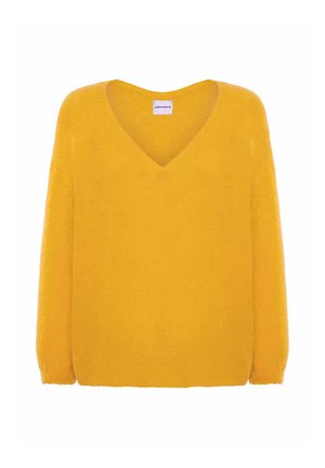 Pull en maille jaune pelucheux avec manches longues et col en V, présenté sur fond blanc.