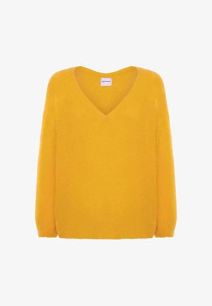 Suéter de punto amarillo difuso con mangas largas y cuello en V, mostrado sobre un fondo blanco.