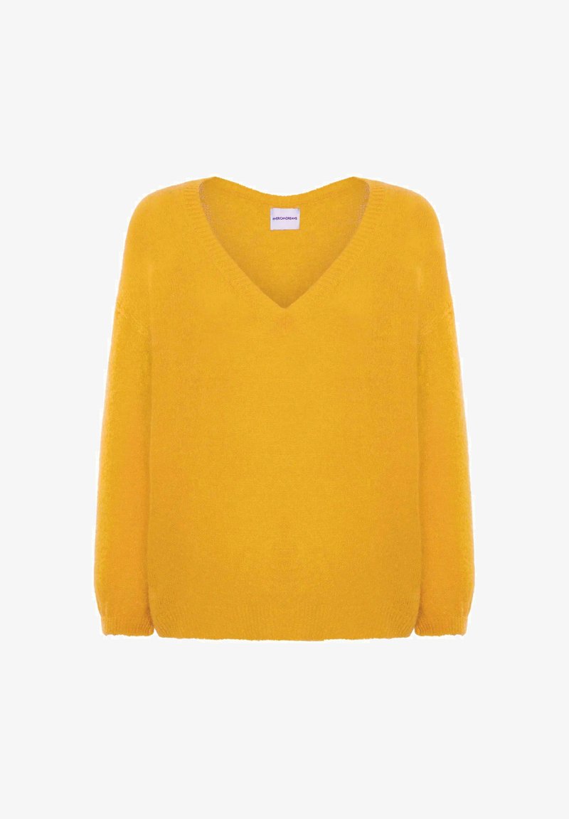 Pull en maille jaune pelucheux avec manches longues et col en V, présenté sur fond blanc.