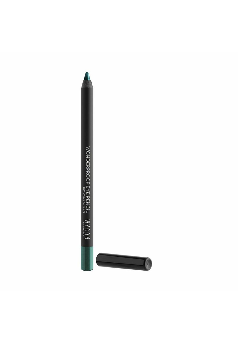 Eyeliner waterproof verde con un corpo cilindrico nero e una punta colorata. L'etichetta include il testo "WYCON" e "Wonderproof Eye Pencil".