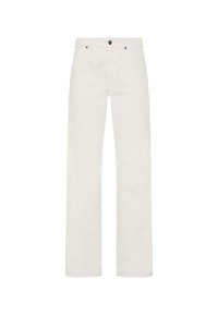 Vita manchesterbyxor med rakt ben, med dragkedja, knappstängning och fyra fickor. Det texturerade tyget visar subtil ribbing.