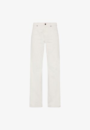 Hvide corduroy bukser med lige pasform, der har lynlås, knaplukning og fire lommer. Det teksturerede stof viser delikat ribbing.