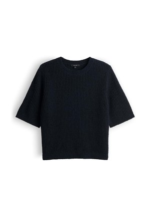 Pull court texturé noir en maille avec col rond et ourlet droit, posé à plat sur un fond blanc.