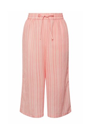 Pantalon court rose avec des rayures blanches verticales, taille élastique et cordon de serrage à l'avant.