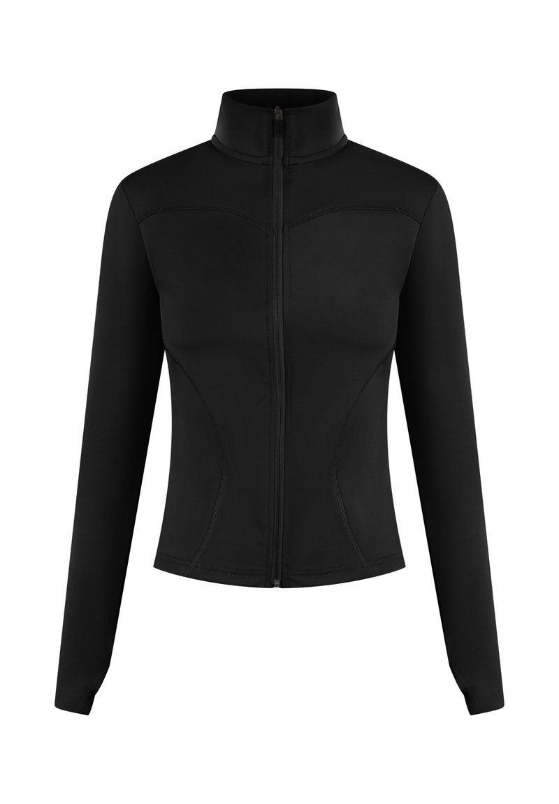 Schwarze Zip-Jacke aus dehnbarem Material, mit einem hohen Kragen, langen Ärmeln und geschwungenen Nahtdetails für eine enge Passform.