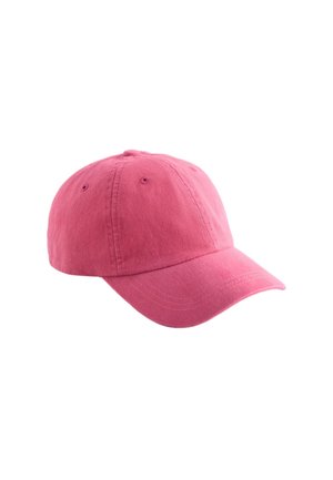 Solide rosa Baumwoll-Baseballkappe mit genähten Paneelen und gebogenem Schirm, freigestellt auf weißem Hintergrund.