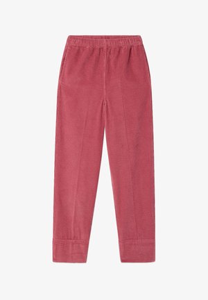 Pantalon en velours côtelé rose avec taille élastique et poches latérales, doté d'une coupe droite et d'ourlets retroussés.