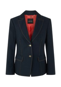Navy blazer with contrasting gold stitching, two front buttons, and side pockets. Lined in red fabric with a chain detail at the neck.
