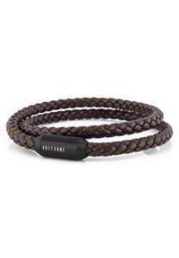 Brown braided leather bracelet with a textured finish, featuring a black cylindrical clasp with the brand name "AKITSUNE" engraved.