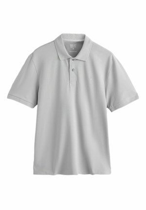 Világosszürke rövid ujjú póló két gombbal, gallérral és diszkrét logóval a bal mellrészen, Next Regular Fit méret jelöléssel, M-es méret.