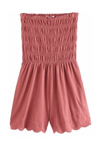 Smocked, õlgadelt avatud rompers, mis on valmistatud tolmust roosast, sisaldab tekstuurset kehaosa ja lainelise äärega, millel on broderi lillede detailid.