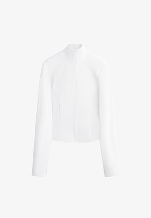 Weiße Zip-Jacke mit langen Ärmeln, hohem Kragen und tailliertem Design. Hergestellt aus glattem Material und verfügt über zwei seitliche Taschen.