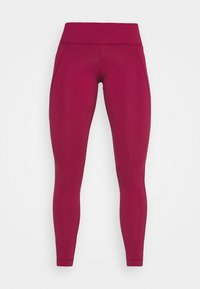 Burgundy leggings tillverkade av elastiskt tyg. Hög midja och åtsittande design, med sömdetaljer längs sidorna för en strömlinjeformad look.