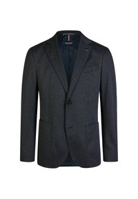 Dunkel strukturierter Herrenblazer mit Reverskragen, einem Knopfverschluss, aufgesetzten Taschen und markeninterner Fütterung.