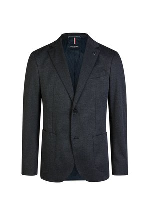 Donker textuur herenblazer met notch revers, enkele knoopsluiting, opgestikte zakken en gemarkeerde voering aan de binnenkant.