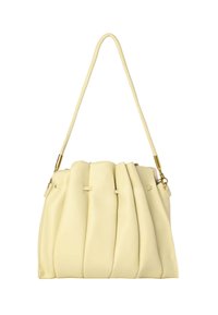 Plea-väska i ljusgul läder med en samlad design, en axelrem och detaljer i gyllene metall.