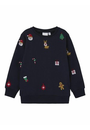 Sudadera azul marino decorada con caras de Santa bordadas, renos, árboles de Navidad, bastones de caramelo, regalos, medias, adornos y hombres de jengibre.