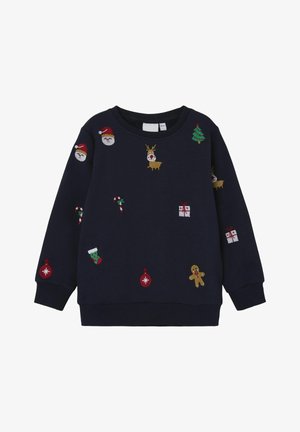 Mørkeblå sweatshirt dekoreret med broderede julemandansigter, rensdyr, juletræer, sukkerrør, gaver, julestrømper, pynt og peberkagemænd.