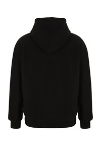 Sudadera negra con capucha y corte relajado, con mangas largas y puños acanalados. Diseño sencillo, textura suave y sin logotipos visibles.