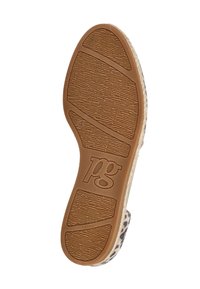 Čevlji z gumijastim podplatom in teksturiranim oprijemom, začetnicama blagovne znamke "pg", velikost 4 ter označbo lateksa na spodnjem delu podplata.